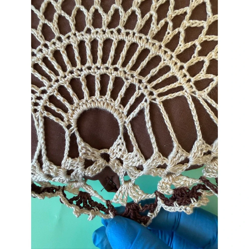 Vintage Crochet Heart Decorative Pillow Brown Cream Lace Doily Accent 8x9
